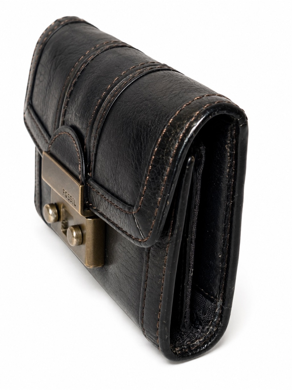 Discontinued Fossil Maddox Black Leather Push Lock Wallet Y2K Organizer Vintage - Picture 5 of 7
